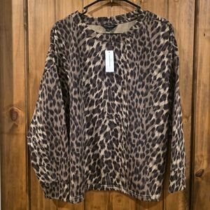 NWT Banana Republic Top L Brown Black Animal Print Terry Pullover Long Sleeve